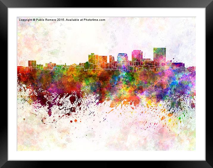 Dayton skyline in watercolor background Framed Mounted Print by Pablo Romero