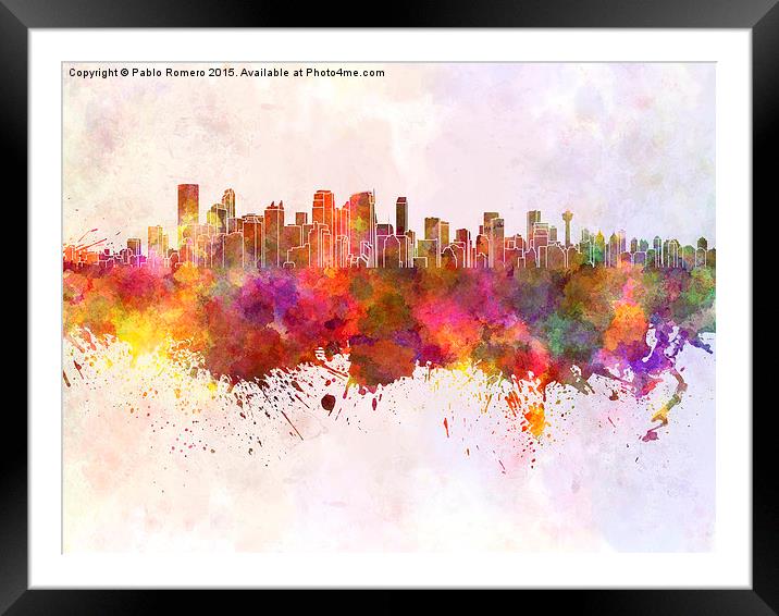 Calgary skyline in watercolor background Framed Mounted Print by Pablo Romero