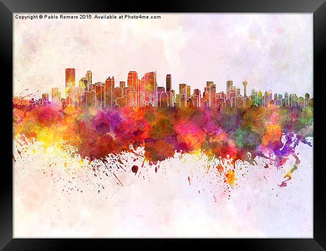 Calgary skyline in watercolor background Framed Print by Pablo Romero