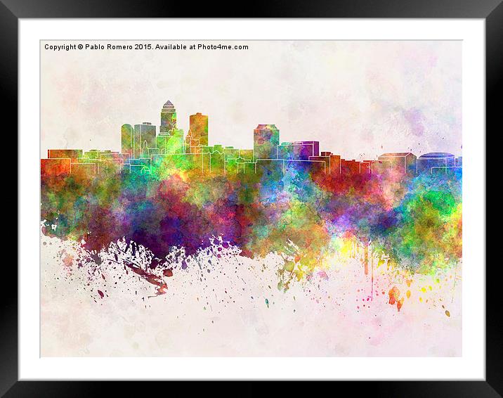 Des Moines skyline in watercolor background Framed Mounted Print by Pablo Romero