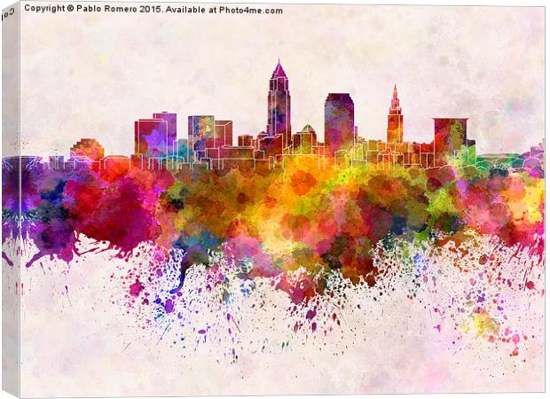 Cleveland skyline in watercolor background Canvas Print by Pablo Romero