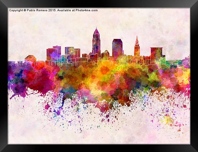Cleveland skyline in watercolor background Framed Print by Pablo Romero