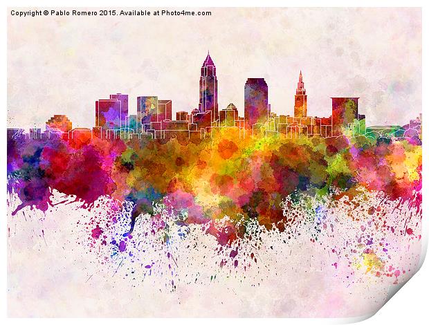 Cleveland skyline in watercolor background Print by Pablo Romero