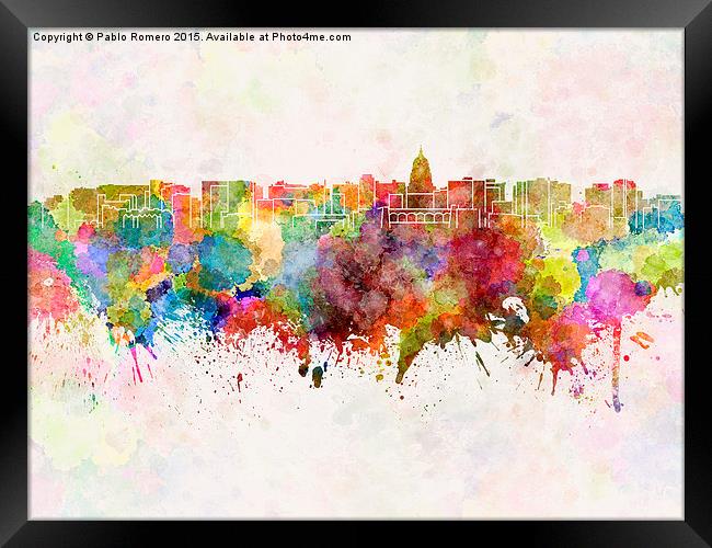 Madison skyline in watercolor background Framed Print by Pablo Romero