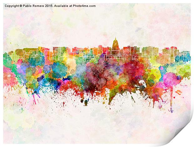 Madison skyline in watercolor background Print by Pablo Romero