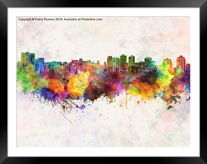 Halifax skyline in watercolor background Framed Mounted Print by Pablo Romero