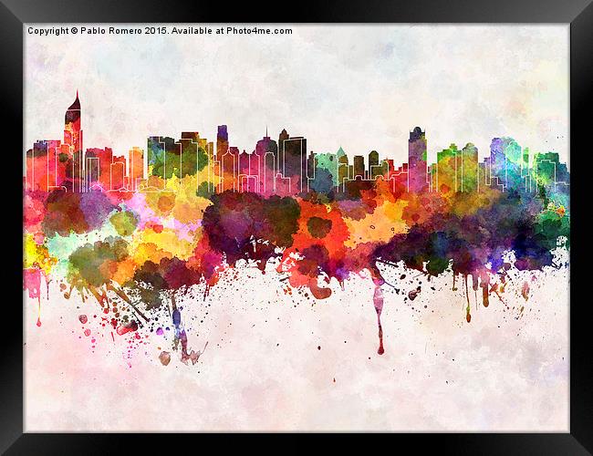 Jakarta skyline in watercolor background Framed Print by Pablo Romero