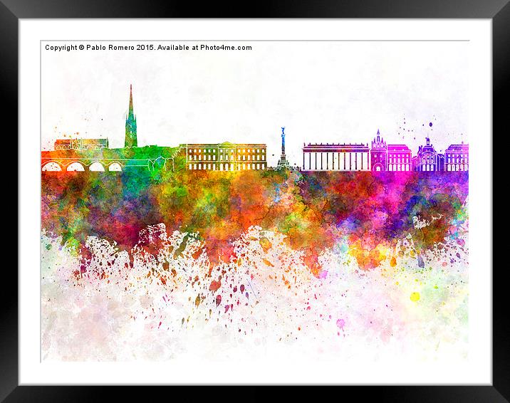 Bordeaux skyline in watercolor background Framed Mounted Print by Pablo Romero