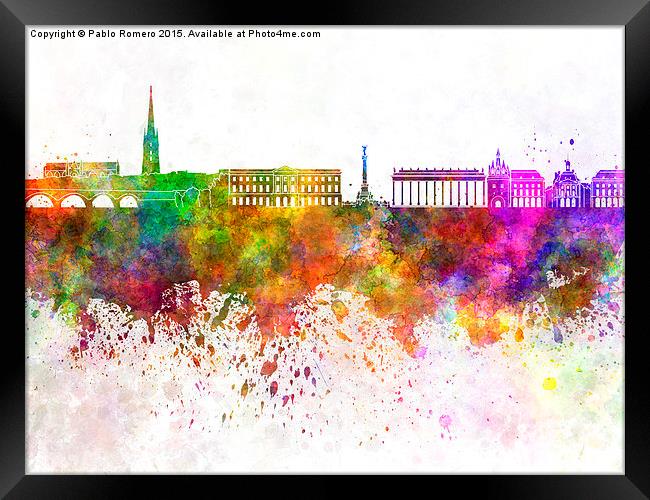 Bordeaux skyline in watercolor background Framed Print by Pablo Romero