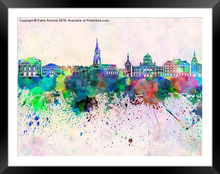 Bern skyline in watercolor background Framed Mounted Print by Pablo Romero