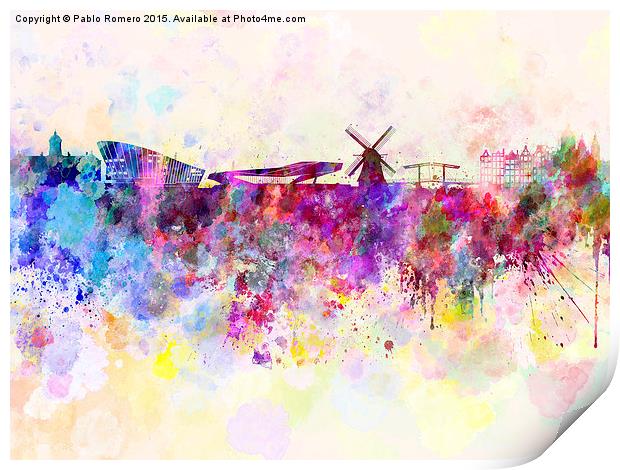 Amsterdam skyline in watercolor background Print by Pablo Romero