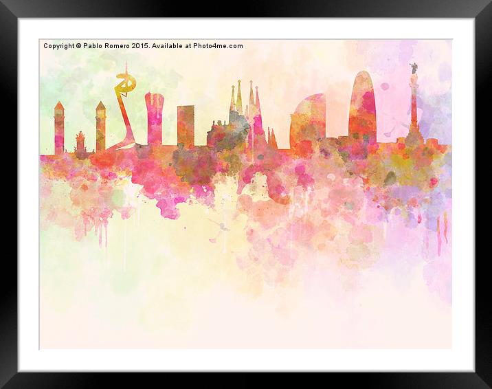 Barcelona skyline in watercolour background  Framed Mounted Print by Pablo Romero