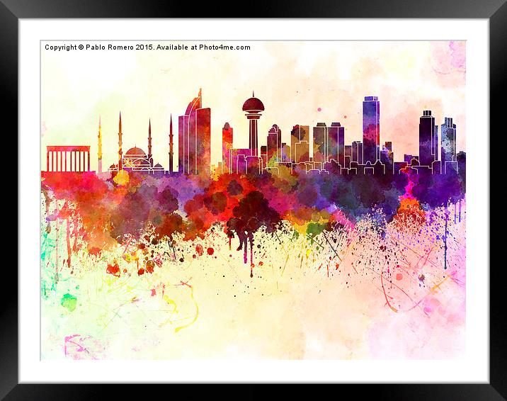 Ankara skyline in watercolor background Framed Mounted Print by Pablo Romero