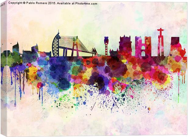 Lisbon skyline in watercolor background Canvas Print by Pablo Romero