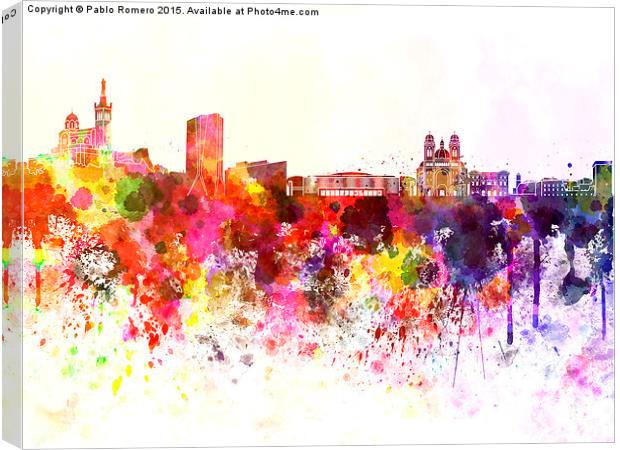 Marseilles skyline in watercolor background Canvas Print by Pablo Romero