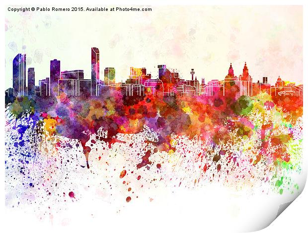Liverpool skyline in watercolor background Print by Pablo Romero
