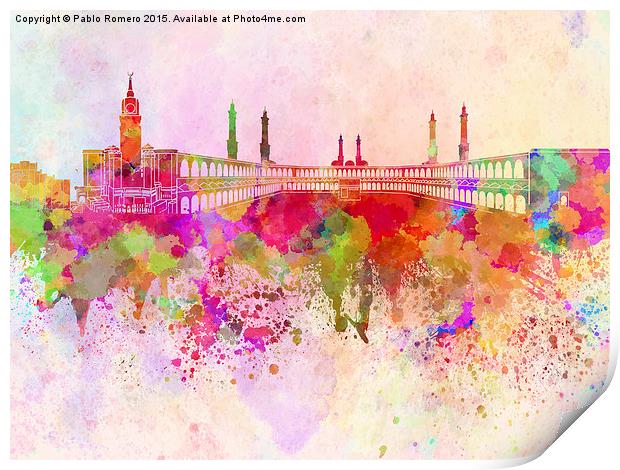 Mecca skyline in watercolor background Print by Pablo Romero