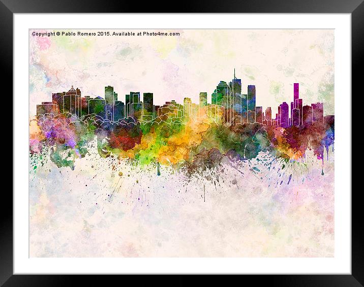 Brisbane skyline in watercolor background Framed Mounted Print by Pablo Romero
