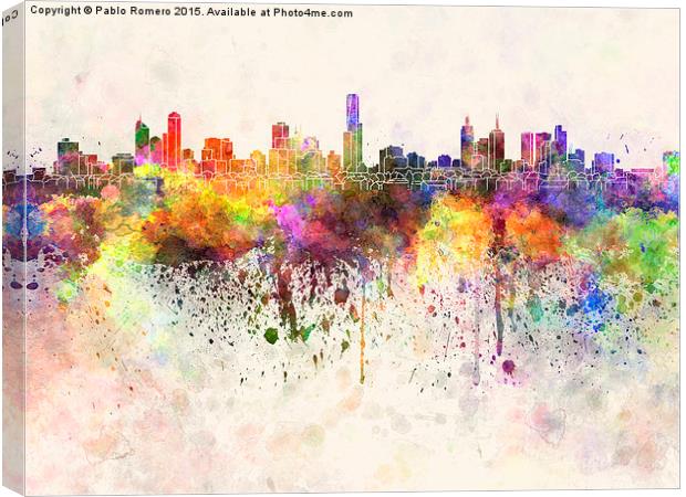 Melbourne skyline in watercolor background Canvas Print by Pablo Romero