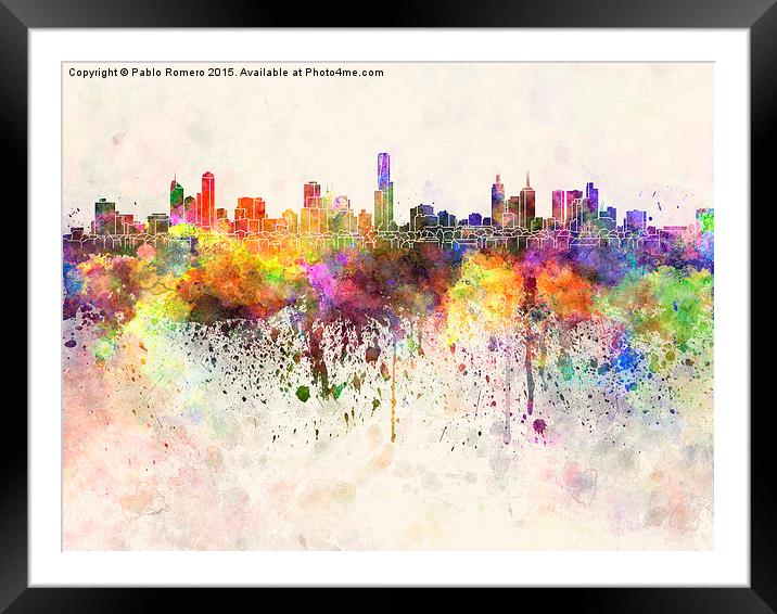 Melbourne skyline in watercolor background Framed Mounted Print by Pablo Romero