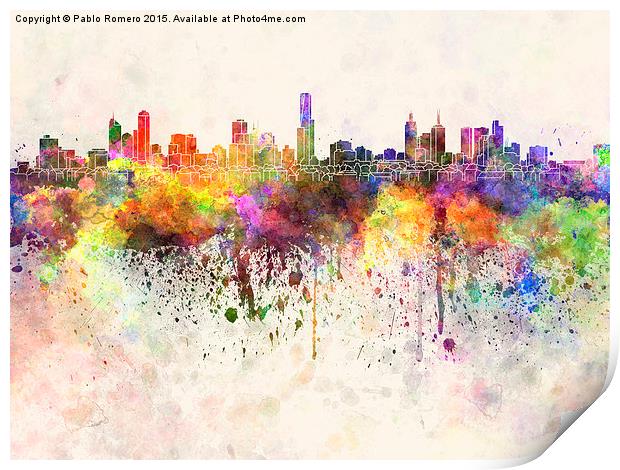 Melbourne skyline in watercolor background Print by Pablo Romero