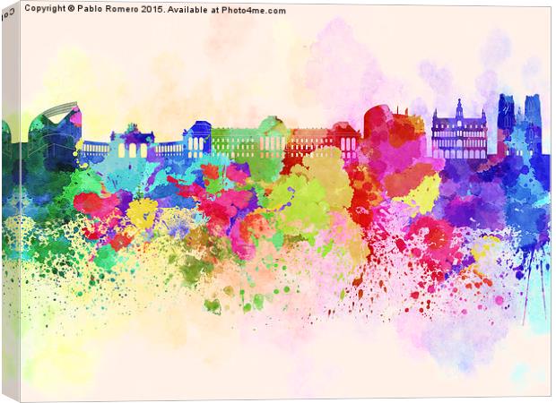 Brussels skyline in watercolor background Canvas Print by Pablo Romero