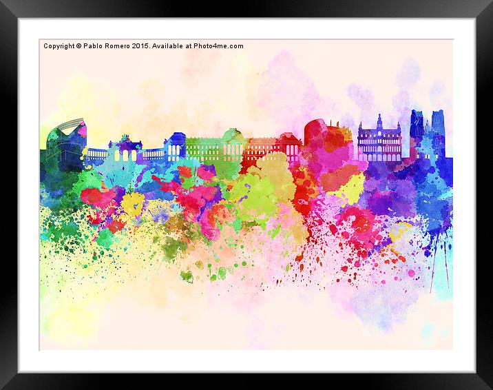 Brussels skyline in watercolor background Framed Mounted Print by Pablo Romero