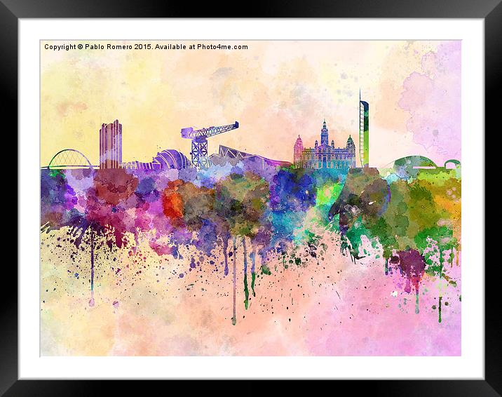 Glasgow skyline in watercolor background Framed Mounted Print by Pablo Romero