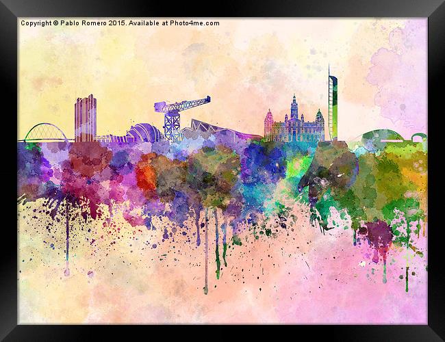 Glasgow skyline in watercolor background Framed Print by Pablo Romero