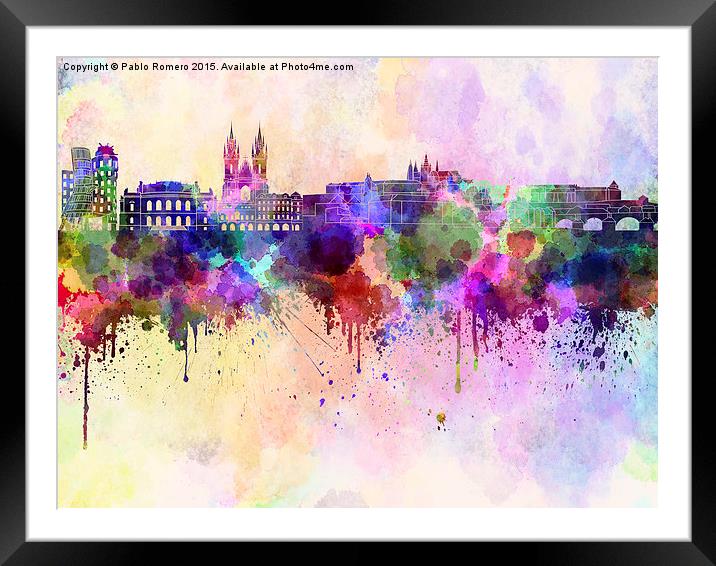 Prague skyline in watercolor background Framed Mounted Print by Pablo Romero