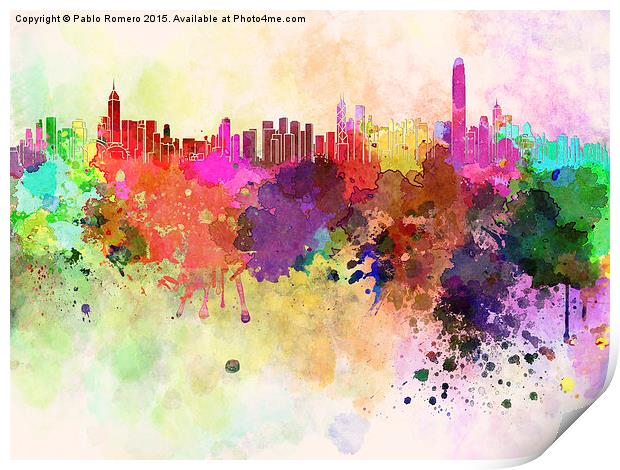Hong Kong skyline in watercolor background Print by Pablo Romero
