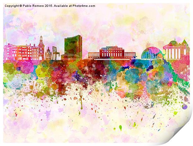 Geneva skyline in watercolor background Print by Pablo Romero