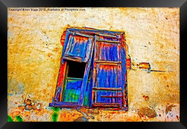 Digital painting of colorful broken wooden window  Framed Print by ken biggs