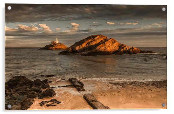 Sunset on Mumbles lighthouse Swansea Acrylic by Leighton Collins