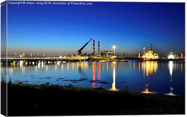  The River Thames at night at gravesend promenade. Canvas Print by pristine_ images