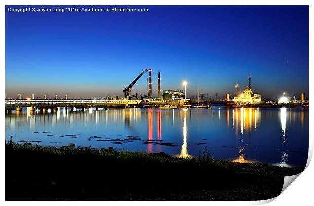  The River Thames at night at gravesend promenade. Print by pristine_ images