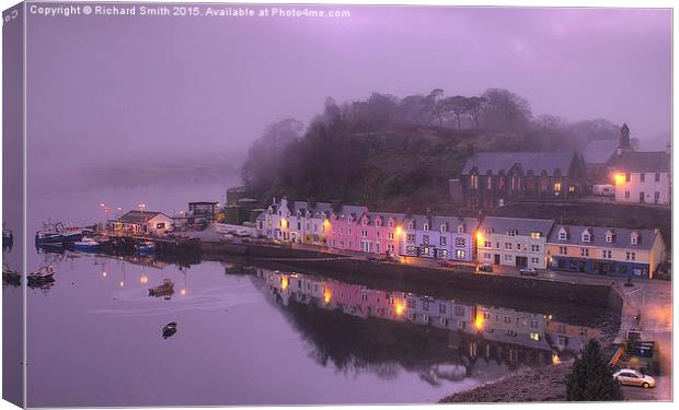  A misty evening view of Portree pier in the soft  Canvas Print by Richard Smith