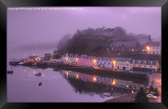  A misty evening view of Portree pier in the soft  Framed Print by Richard Smith