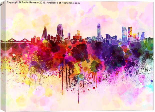 Manama skyline in watercolor background Canvas Print by Pablo Romero