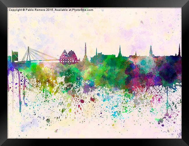 Riga skyline in watercolor background Framed Print by Pablo Romero