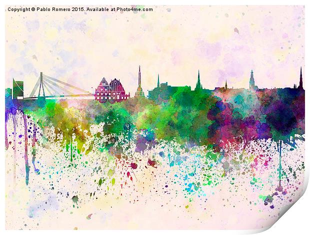 Riga skyline in watercolor background Print by Pablo Romero