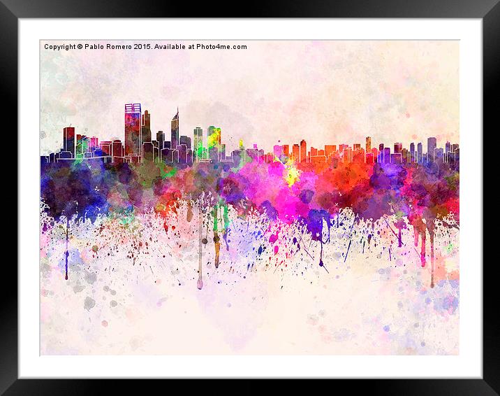 Perth skyline in watercolor background Framed Mounted Print by Pablo Romero