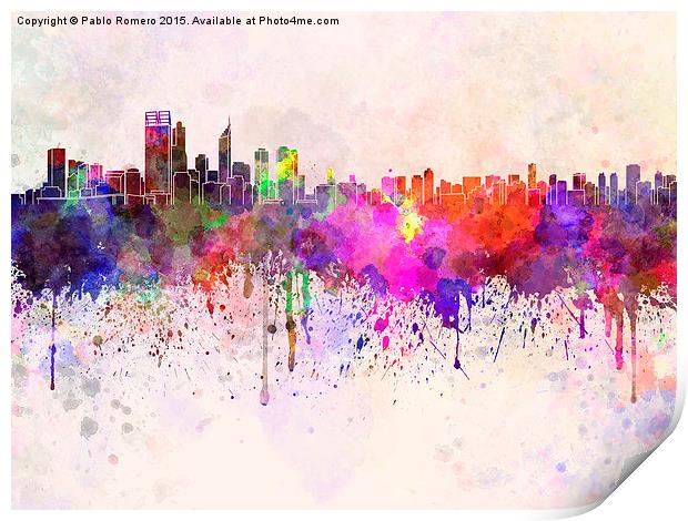 Perth skyline in watercolor background Print by Pablo Romero