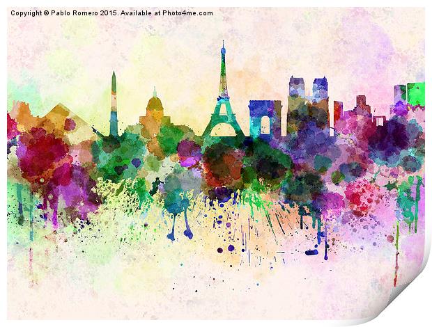 Paris skyline in watercolor background Print by Pablo Romero