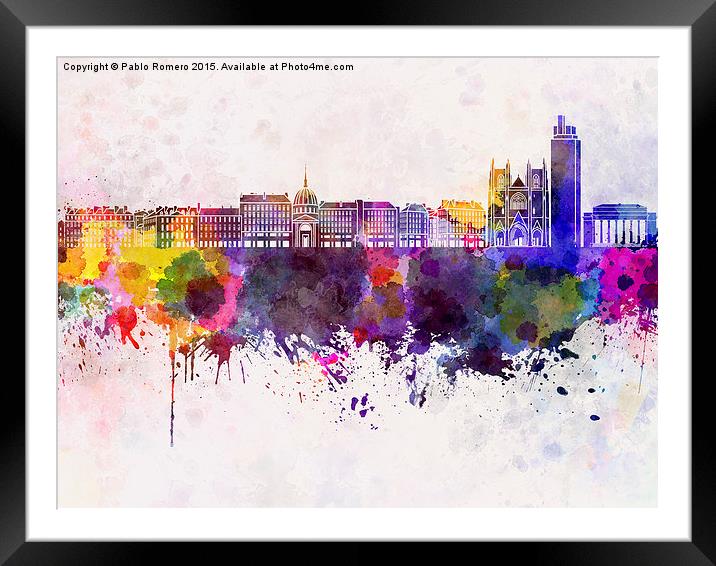 Nantes skyline in watercolor background Framed Mounted Print by Pablo Romero