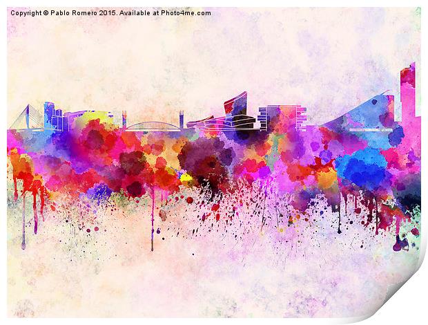 Manchester skyline in watercolor background Print by Pablo Romero