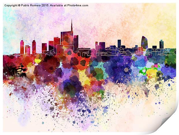 Milan skyline in watercolor background Print by Pablo Romero