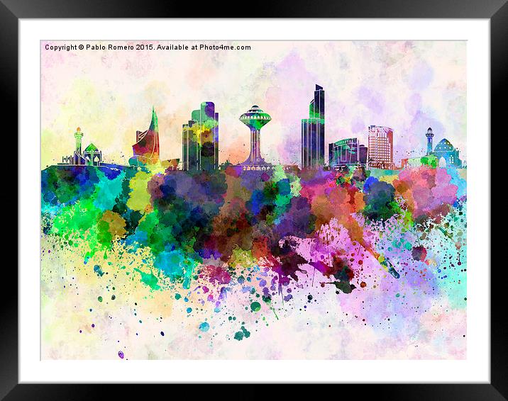 Khobar skyline in watercolor background Framed Mounted Print by Pablo Romero