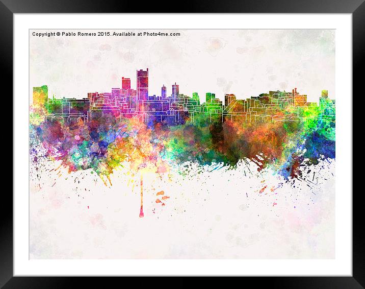 Leeds skyline in watercolor background Framed Mounted Print by Pablo Romero