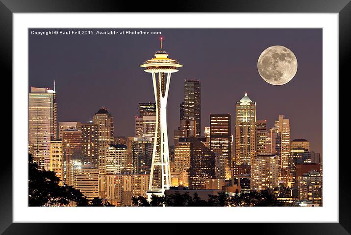 seattle at night with moon Framed Mounted Print by Paul Fell